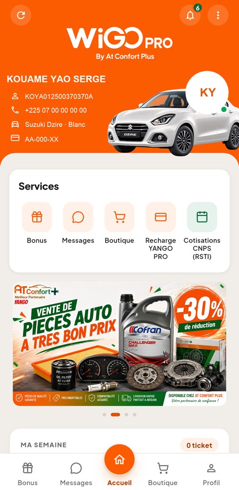 Écran d'accueil de l'application WiGO PRO avec le compteur de courses