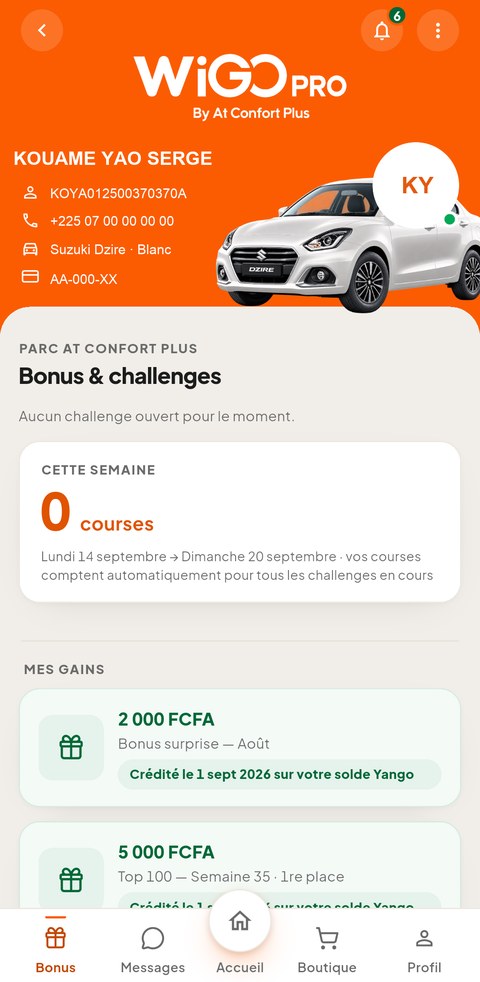 Écran Bonus de l'application WiGO PRO
