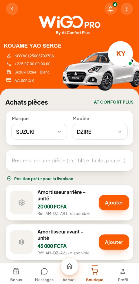 Écran Boutique de pièces de l'application WiGO PRO