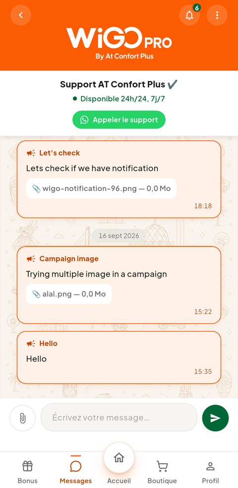 Écran Messages du support de l'application WiGO PRO