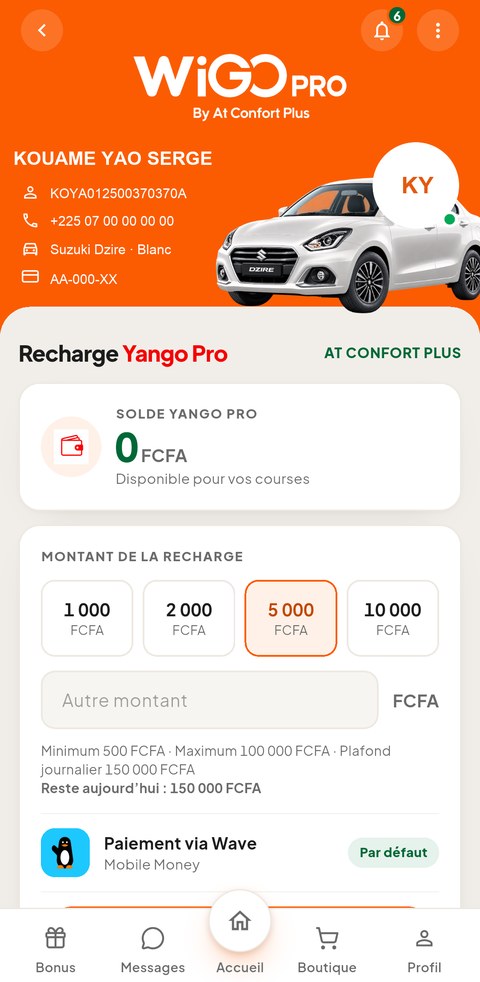 Écran Recharge Yango Pro de l'application WiGO PRO